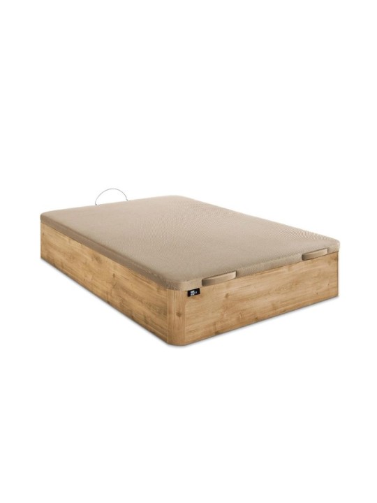 Canapé abatible de madera BedLit Regio cerrado en acabado color tabaco con esquinas redondeadas y tirador de madera a juego.
