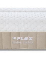 Bordado del logotipo Flex Natur Talalay en la platabanda beige del colchón.