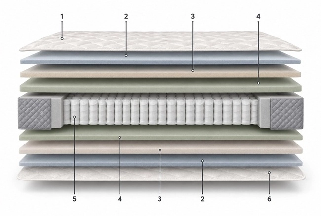 Desglose técnico de las capas interiores y núcleo del colchón Origen Nube Hybrid Premium